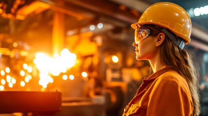 The Strength Within: A female engineer confidently faces the heat of the foundry, her gaze unwavering in this empowering image of industrial strength and determination. 