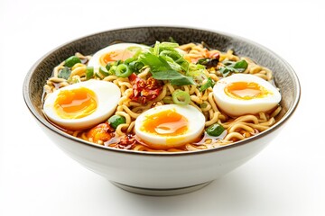Delicious Ramen Bowl with Beef and Vegetables on White Background