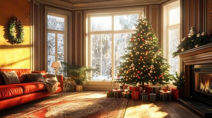 GemÃ¼tliches Wohnzimmer mit einem geschmÃ¼ckten Weihnachtsbaum vor dem Fenster