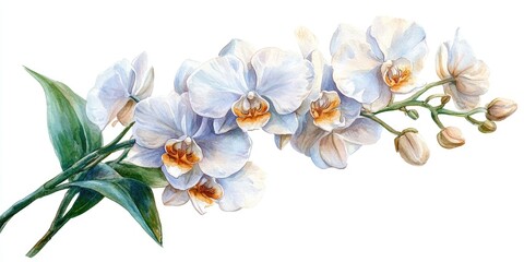 Obraz premium Watercolor Painting of White Orchids with Yellow Centers and Green Leaves
