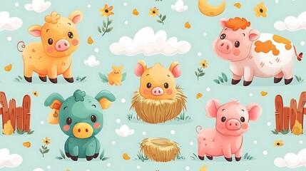 Fototapeta premium A seamless pattern of adorable cartoon cows and pigs playing in a barnyard, with haystacks, wooden fences, and a red barn, bright colors, soft sunlight, hd quality, natural look. --ar 16:9 --v 6.
