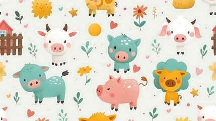 A seamless pattern of adorable cartoon cows and pigs playing in a barnyard, with haystacks, wooden fences, and a red barn, bright colors, soft sunlight, hd quality, natural look. --ar 16:9 --v 6.