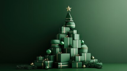 Green christmas presents and gifts stacked into a festive christmas tree shape