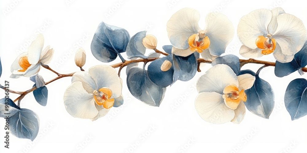 Poster Watercolor Painting of a Branch of White Orchids with Blue Leaves