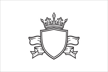 
Crown headed Shield silhouette.  Heraldic emblem crest shield with crown on white background.