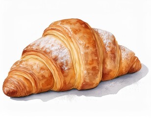 Realistic watercolor hand drawn powdered croissant, isolated on white background. Food Illustration of traditional french breakfast