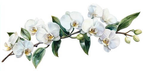 Watercolor Painting of a White Orchid Branch with Buds