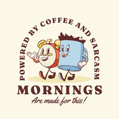 Groovy Coffee Mug and Alarm Clock Retro Character Label. Cartoon Food Cup Walking and Smiling. Vector Fast Food Drink Beverage Mascot Template. Happy Vintage Cool Illustration Isolated