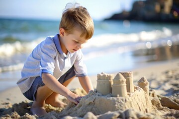 Boy Playing in the Sand - A portrait of a boy playing in the sand at the beach, building sandcastles.
