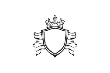 Crown headed Shield silhouette. sword Shield silhouette, Heraldic emblem crest shield with crown on white background.