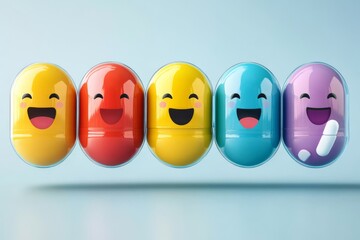 Vibrant illustration of multicolored capsules with faces representing the diversity and inclusivity in modern medicine and healthcare