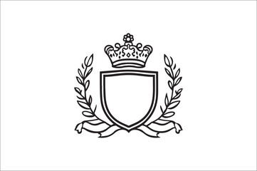 Crown headed Shield silhouette. sword Shield silhouette, Heraldic emblem crest shield with crown on white background.