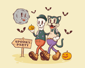 Halloween Groovy Skeleton and Cat Retro Characters. Cartoon Mascots Walking by a Pumpkin to Spooky Party under Evil Moon. Vector Autumn Holiday Template. Happy Vintage Cool Illustration Isolated