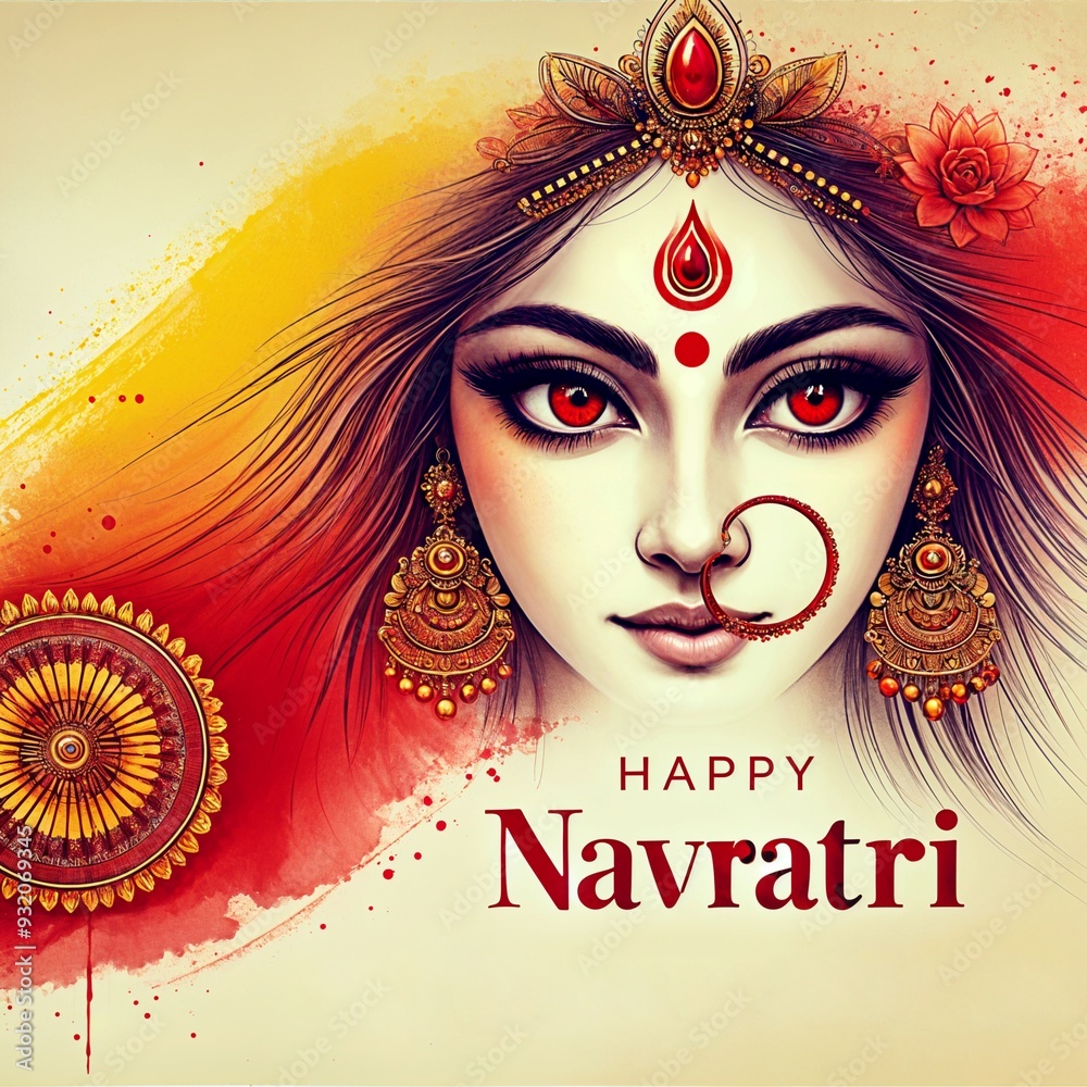 Wall mural Navratri watercolor card illustration with goddess durga portrait.