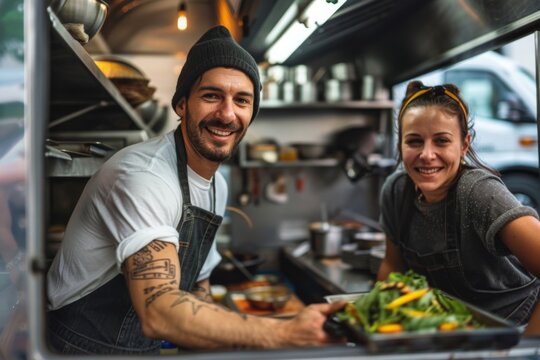 Male and female food truck owners working together - Powered by Adobe