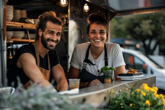 Male and female food truck owners working together