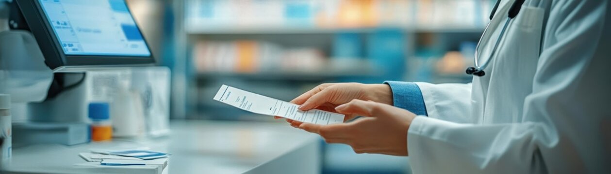 Doctor handing prescription to patient, clear and uncluttered setting, plain background