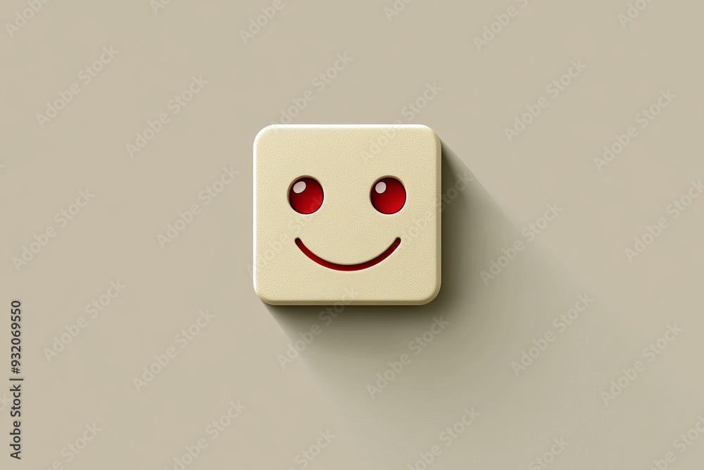 Sticker minimalistic 3d rendered smiley face button on a beige background symbolizing simplicity and happine