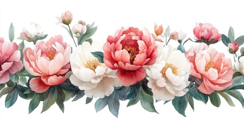 Watercolor Painting of Pink and White Peonies with Green Leaves