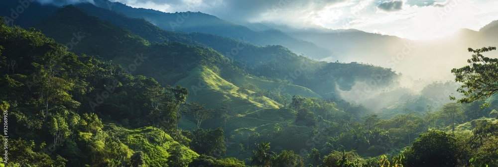 Wall mural Majestic Mountain Range with Sunbeams Breaking Through Clouds - A serene landscape of lush green mountains, with sunlight filtering through the clouds, symbolizing tranquility, natural beauty, peace, 