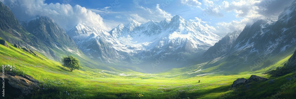 Poster Majestic Mountain Valley Landscape with Snow-Capped Peaks and Lush Green Grass - A breathtaking view of a valley surrounded by snow-capped mountains, symbolizing tranquility, nature's beauty, vastness