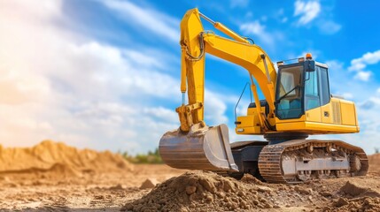 Obraz premium An excavator is actively digging into the ground, moving dirt at a construction site. The bright sky and surrounding earthworks highlight the ongoing activity
