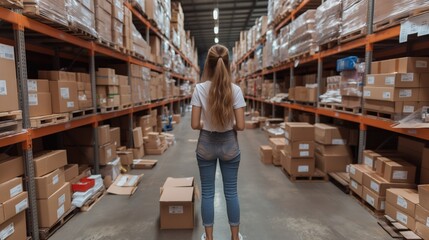 Fototapeta premium A young woman stands facing rows of neatly stacked cardboard boxes in a spacious warehouse, surveying the inventory during a busy workday