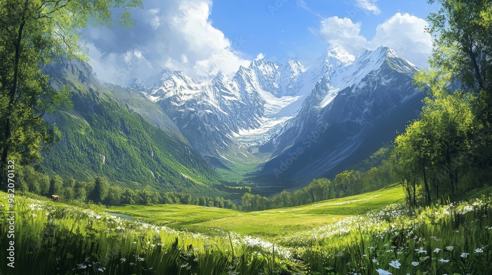 Poster Majestic Mountain Valley with Lush Greenery and Snow-capped Peaks - A serene valley nestled between snow-capped mountains, symbolizing tranquility, nature's beauty, and the vastness of the landscape.