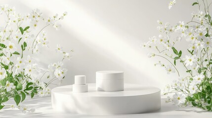 Podium flower product white 3d spring table beauty stand display nature white. Garden floral background cosmetic field scene gift day