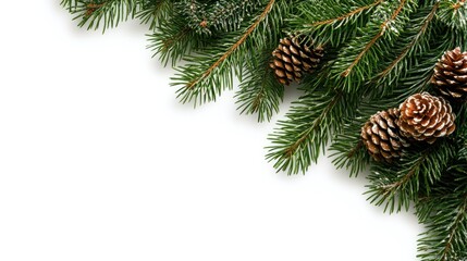 Fototapeta premium Fir tree branch with cones arranged elegantly on a white background, perfect for winter holiday decorations or Christmas card designs
