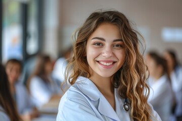 Fototapeta premium Portrait of a young smiling female doctor at meeting