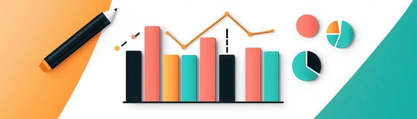 Data analysis tools with bar charts and pie graphs, flat design illustration