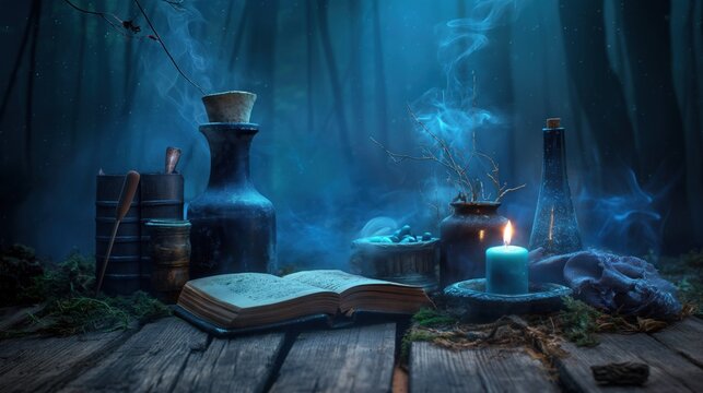Candles flicker beside an ancient book while mystical potions rest on weathered wood in a dark, enchanted forest illuminated by soft, ethereal light