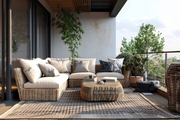 Outdoor balcony living room with cozy furniture