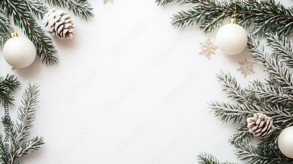 Sticker Minimalist White Christmas Background with Pine Branches and Ornaments - This image features a simple and elegant white Christmas background with snowy pine branches, white ornaments, and delicate sno