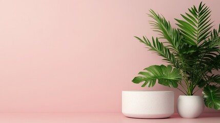 Stylish indoor plant arrangement with white pots against a soft pink background, adding freshness and elegance to any space.