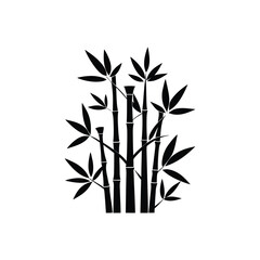 black bamboo silhouette with multiple stalks and clustered leaves spreading naturally, standing out on a solid white background.