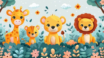 Naklejka premium A seamless pattern of charming cartoon elephants and giraffes grazing in the savannah, with lions lounging under shady trees, warm and earthy tones, detailed textures, soft shadows, hd quality,