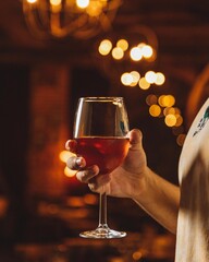 Man holding a glass of wine in a warmly lit bar