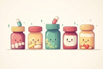 Fototapeta premium Cute and Happy Pill Characters in a Row on a Light Beige Background for Friendly and Fun Healthcare Representation