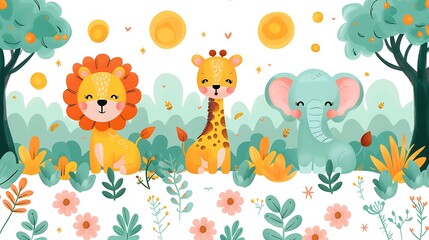 A seamless pattern of charming cartoon elephants, lions, and giraffes enjoying a peaceful afternoon in the savannah, surrounded by acacia trees and tall grass, warm and vibrant colors, soft lighting,