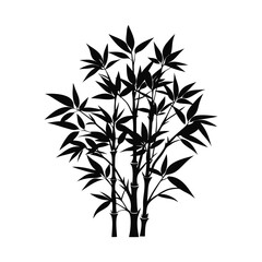 black bamboo silhouette with multiple stalks and clustered leaves spreading naturally, standing out on a solid white background.