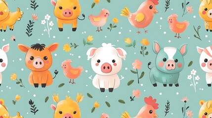Fototapeta premium A seamless pattern of charming cartoon farm animals like cows, pigs, and chickens, playing around a barnyard, warm tones, detailed textures, sunny day lighting, hd quality, natural look.