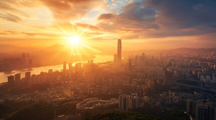 Fototapeta premium A breathtaking sunset casts vibrant colors over a bustling city skyline, highlighting tall buildings alongside a winding river with distant mountains