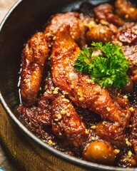 Chicken breast fillets covered in delicious spicy sauce with herbs