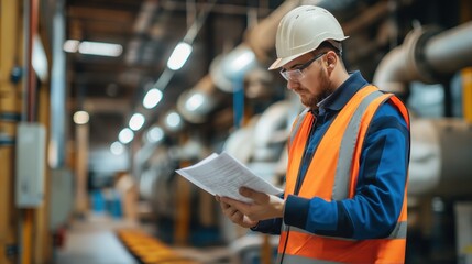 A worker in safety attire examines important documents while surrounded by industrial machinery and equipment