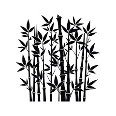 black bamboo silhouette with multiple stalks and clustered leaves spreading naturally, standing out on a solid white background.