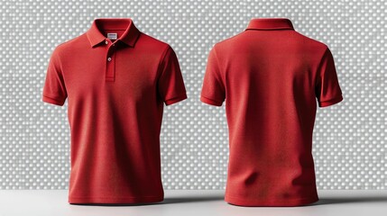 Mock up 3D a red polo shirts on a white background podium with light smoke.seen from the front and back.