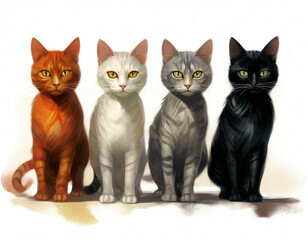 four cats: gray, red, white and black