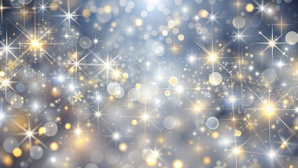 Festive silver sparkling background with shining stars and bokeh. Glittering background for Christmas and new year.